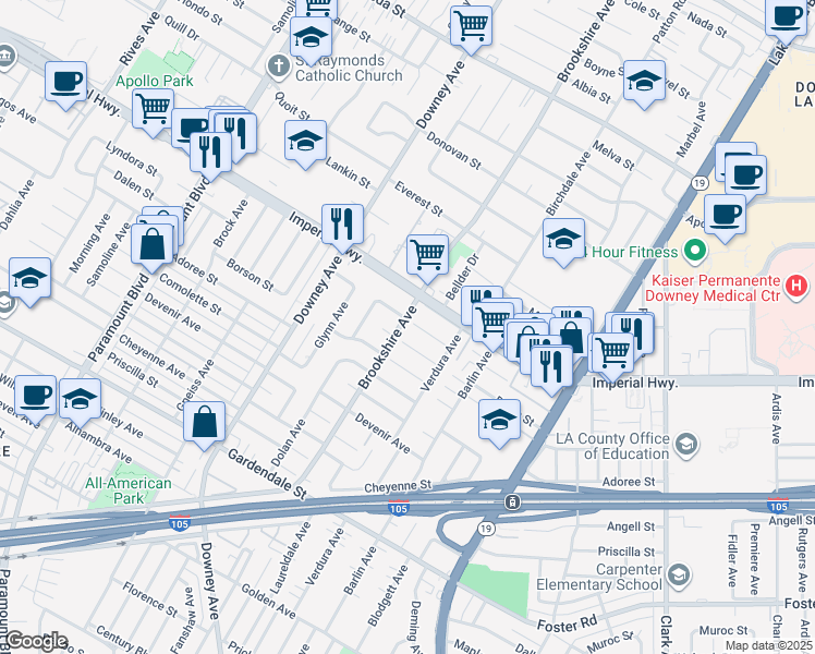 map of restaurants, bars, coffee shops, grocery stores, and more near 8431 Lyndora Street in Downey