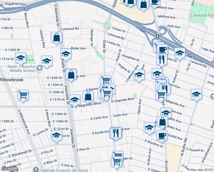 map of restaurants, bars, coffee shops, grocery stores, and more near 11968 North Santa Fe Avenue in Compton