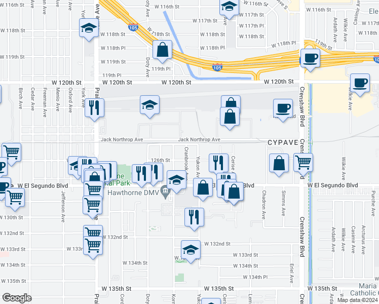 map of restaurants, bars, coffee shops, grocery stores, and more near 12501 Cranbrook Avenue in Hawthorne