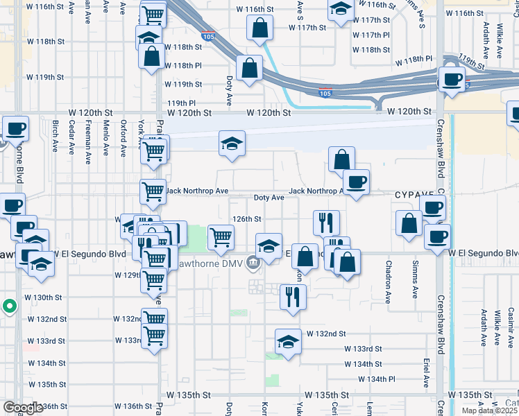map of restaurants, bars, coffee shops, grocery stores, and more near 12500 Fonthill Avenue in Hawthorne
