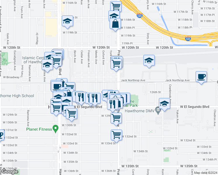 map of restaurants, bars, coffee shops, grocery stores, and more near 12429 York Avenue in Hawthorne