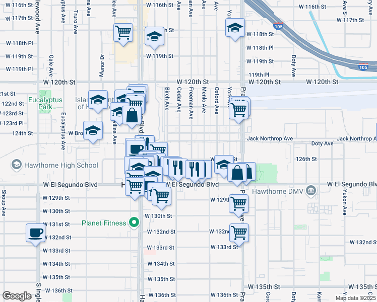 map of restaurants, bars, coffee shops, grocery stores, and more near 12415 Freeman Avenue in Hawthorne