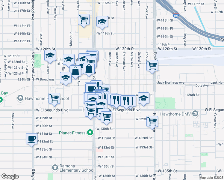 map of restaurants, bars, coffee shops, grocery stores, and more near in Hawthorne