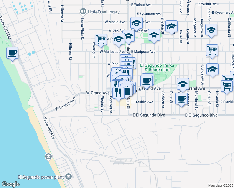 map of restaurants, bars, coffee shops, grocery stores, and more near 319 Richmond Street in El Segundo