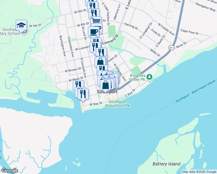 map of restaurants, bars, coffee shops, grocery stores, and more near 200 North Howe Street in Southport