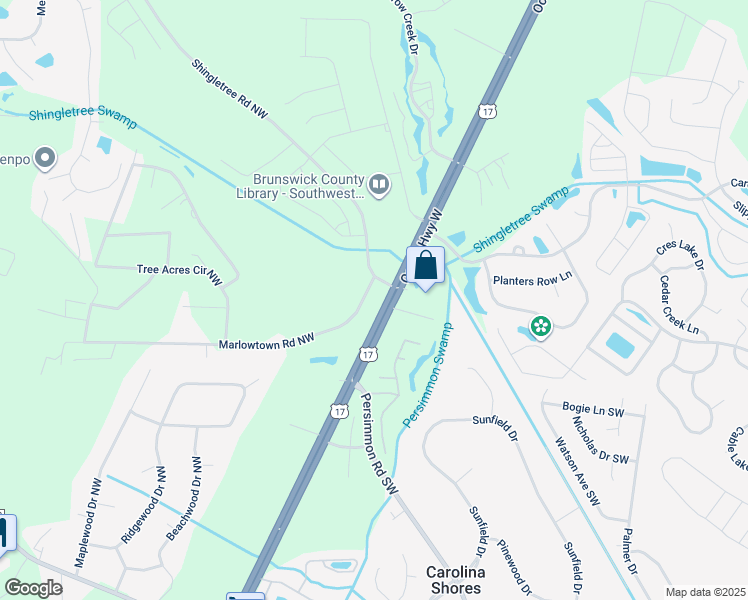 map of restaurants, bars, coffee shops, grocery stores, and more near 1-17 Shingletree Road Northwest in Calabash