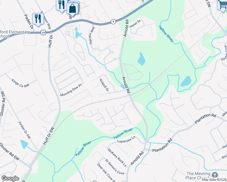 map of restaurants, bars, coffee shops, grocery stores, and more near 2635 Kentshire Way Southwest in Lawrenceville