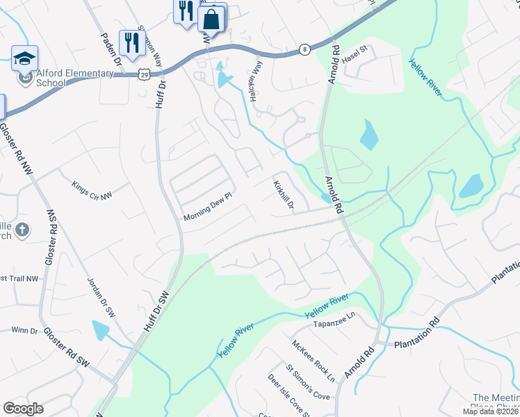 map of restaurants, bars, coffee shops, grocery stores, and more near 2325 Planters Cove Circle Northwest in Lawrenceville