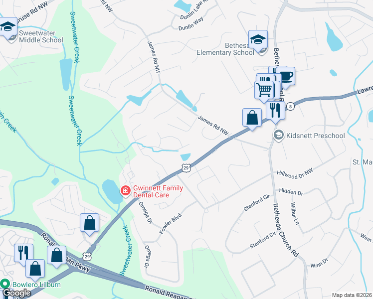 map of restaurants, bars, coffee shops, grocery stores, and more near 182 Brook Lea Cove in Lawrenceville