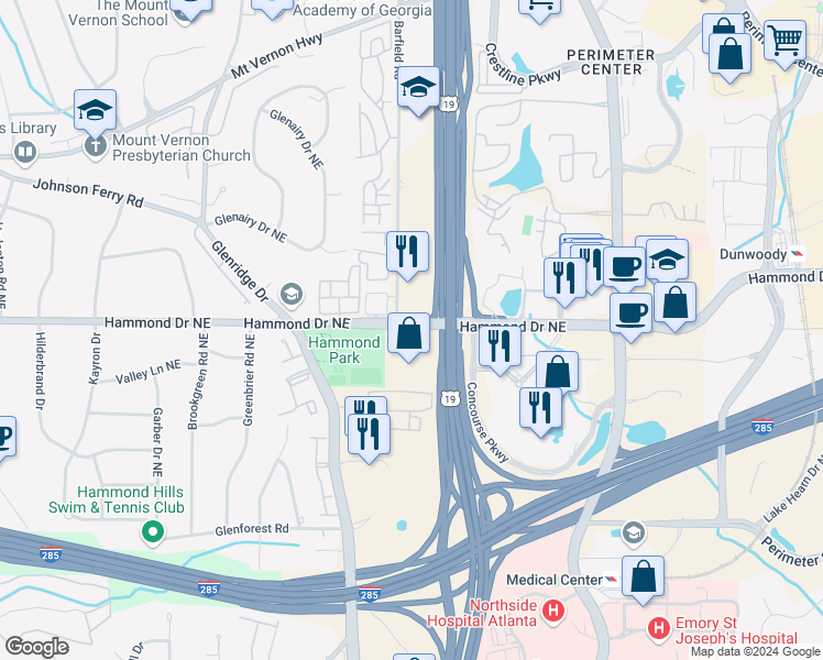 map of restaurants, bars, coffee shops, grocery stores, and more near 5995 Hammond Drive in Sandy Springs
