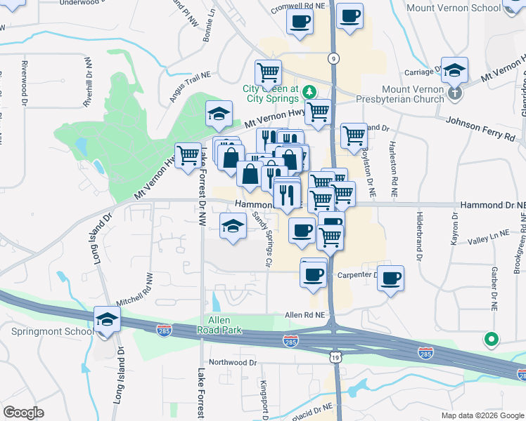 map of restaurants, bars, coffee shops, grocery stores, and more near 6021 Sandy Springs Circle in Atlanta