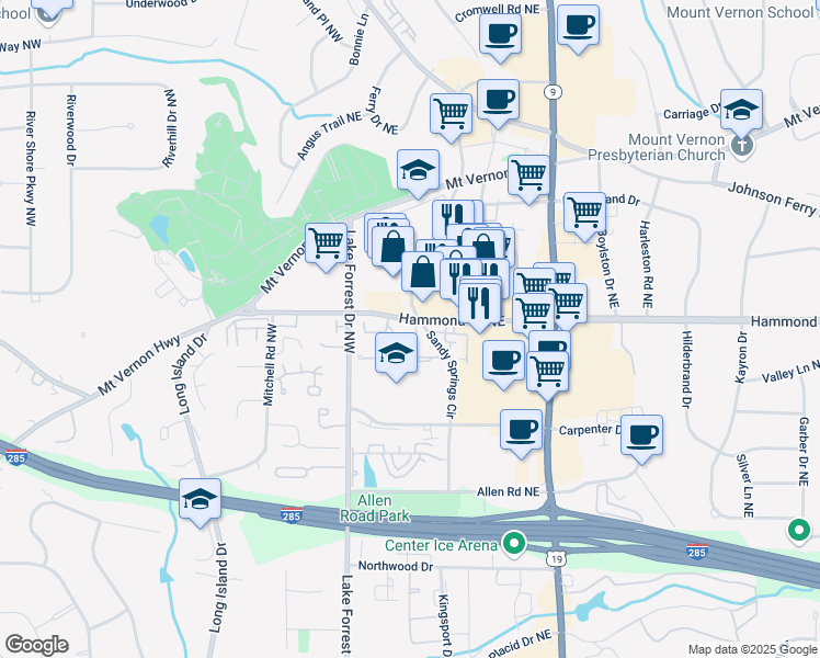 map of restaurants, bars, coffee shops, grocery stores, and more near 5968 Reddington Way Northeast in Atlanta