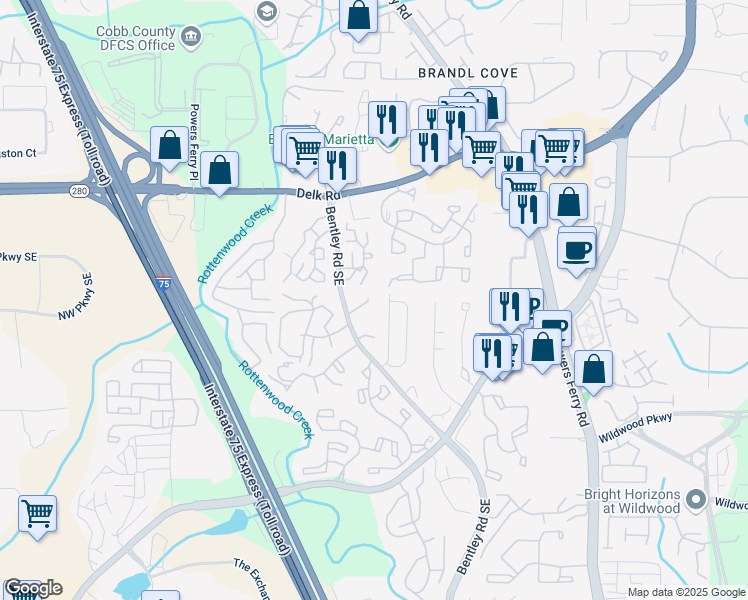 map of restaurants, bars, coffee shops, grocery stores, and more near 2670 Moss Lane in Marietta
