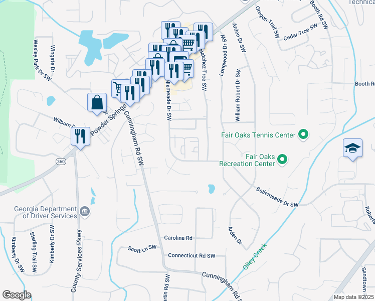 map of restaurants, bars, coffee shops, grocery stores, and more near 1351 Old Coach Road Southwest in Marietta