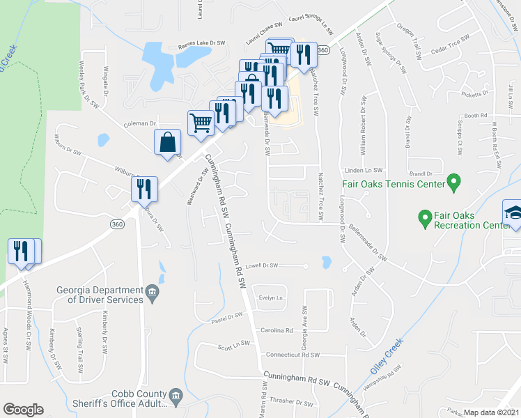 map of restaurants, bars, coffee shops, grocery stores, and more near 696a Bellemeade Drive Southwest in Marietta