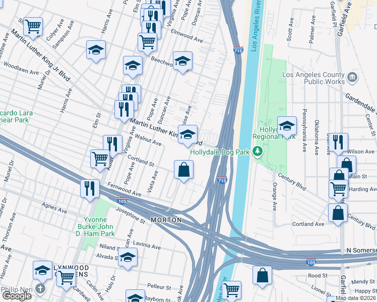 map of restaurants, bars, coffee shops, grocery stores, and more near 5246 Martin Luther King Junior Boulevard in Lynwood