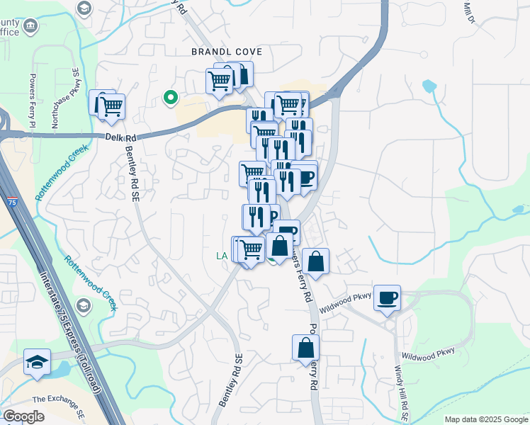 map of restaurants, bars, coffee shops, grocery stores, and more near 1420 Terrell Mill Road in Marietta