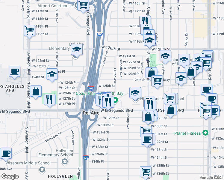 map of restaurants, bars, coffee shops, grocery stores, and more near 5011 West 126th Street in Hawthorne