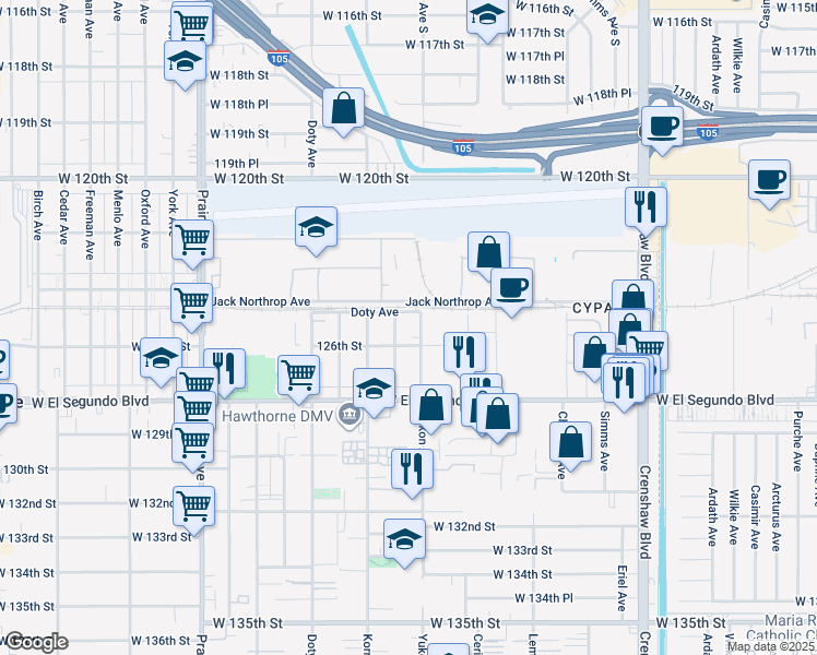 map of restaurants, bars, coffee shops, grocery stores, and more near 12516 Cranbrook Avenue in Hawthorne