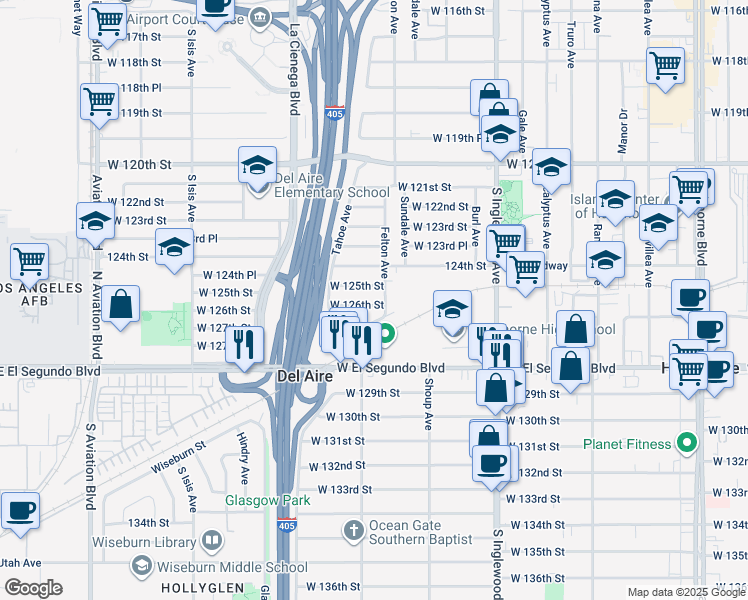 map of restaurants, bars, coffee shops, grocery stores, and more near 5011 West 126th Street in Hawthorne
