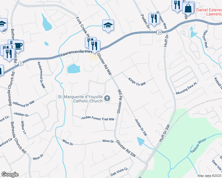 map of restaurants, bars, coffee shops, grocery stores, and more near 149 Tuscany Circle Northwest in Lawrenceville