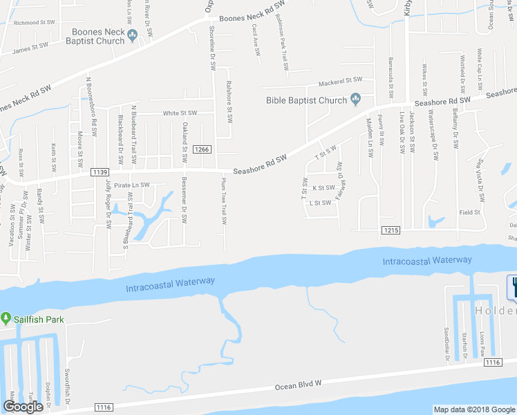 map of restaurants, bars, coffee shops, grocery stores, and more near 2625 Seashore Road Southwest in Supply