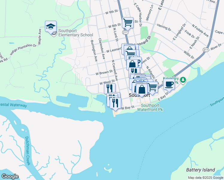 map of restaurants, bars, coffee shops, grocery stores, and more near 223 North Caswell Avenue in Southport