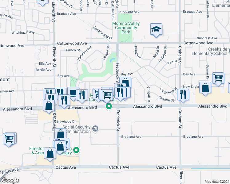 map of restaurants, bars, coffee shops, grocery stores, and more near 13889 Frederick Street in Moreno Valley
