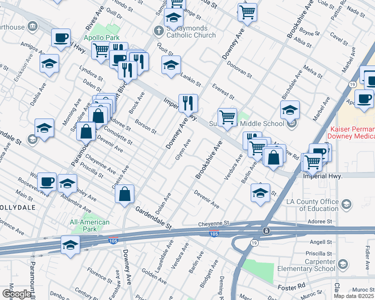 map of restaurants, bars, coffee shops, grocery stores, and more near 12722 Glynn Avenue in Downey