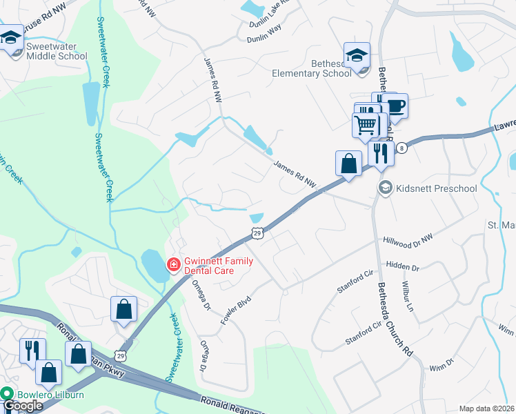 map of restaurants, bars, coffee shops, grocery stores, and more near 182 Brook Lea Cove in Lawrenceville