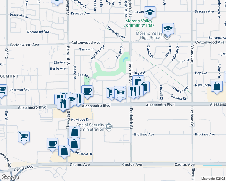 map of restaurants, bars, coffee shops, grocery stores, and more near 22863 Allies Place in Moreno Valley