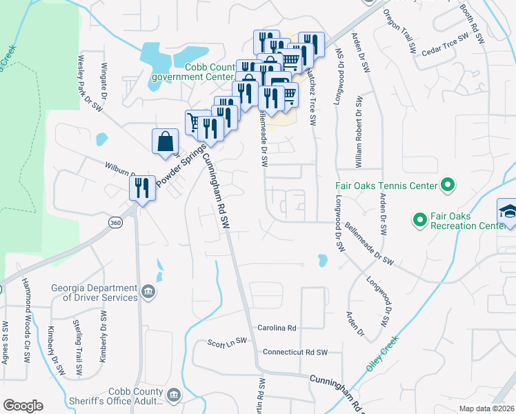 map of restaurants, bars, coffee shops, grocery stores, and more near 696a Bellemeade Drive Southwest in Marietta