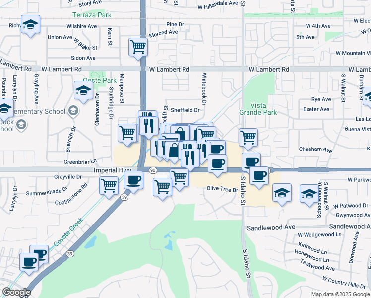 map of restaurants, bars, coffee shops, grocery stores, and more near 1641 West Imperial Highway in La Habra