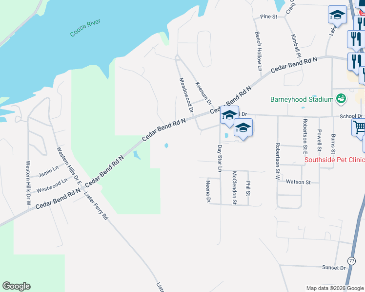 map of restaurants, bars, coffee shops, grocery stores, and more near 2126 Evening Drive in Southside