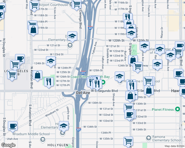 map of restaurants, bars, coffee shops, grocery stores, and more near 5103 West 126th Street in Hawthorne