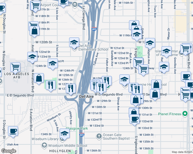 map of restaurants, bars, coffee shops, grocery stores, and more near 5103 West 126th Street in Hawthorne