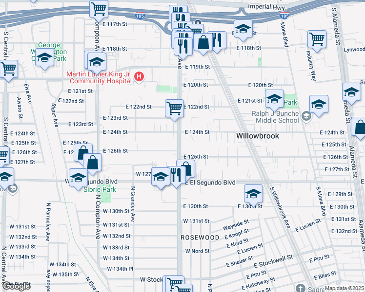 map of restaurants, bars, coffee shops, grocery stores, and more near 12500 Wilmington Avenue in Compton