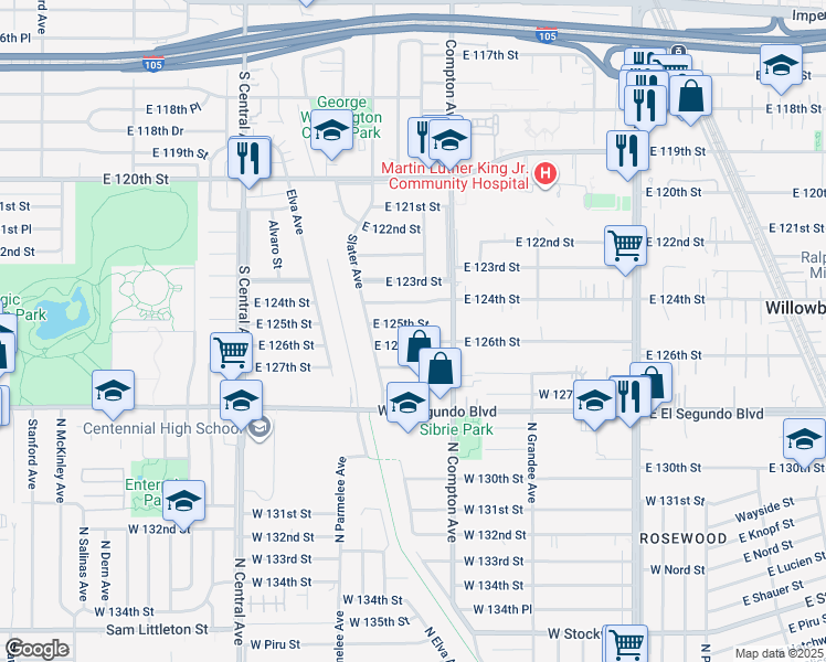 map of restaurants, bars, coffee shops, grocery stores, and more near 1512 East 125th Street in Compton