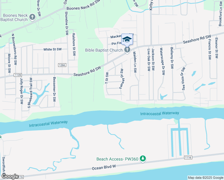 map of restaurants, bars, coffee shops, grocery stores, and more near 2527 K Street Southwest in Brunswick County