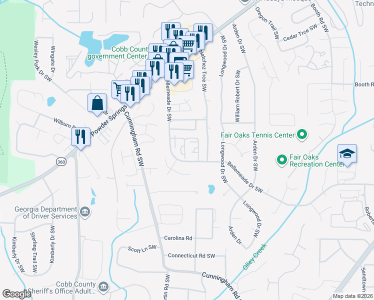 map of restaurants, bars, coffee shops, grocery stores, and more near 1394 Old Coach Road Southwest in Marietta