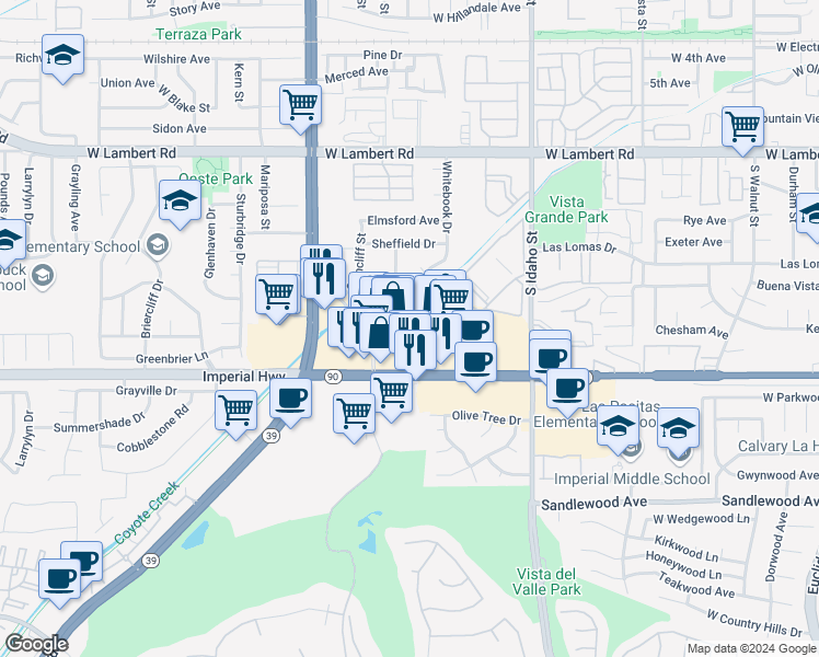 map of restaurants, bars, coffee shops, grocery stores, and more near 1641 West Imperial Highway in La Habra