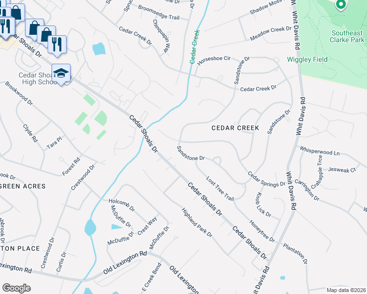 map of restaurants, bars, coffee shops, grocery stores, and more near 155 Cedar Springs Drive in Athens