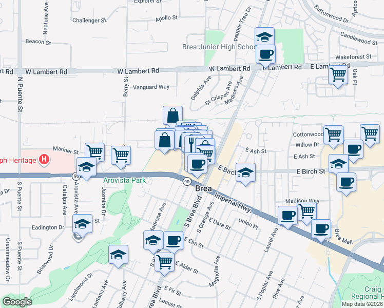 map of restaurants, bars, coffee shops, grocery stores, and more near 189 North Madrona Avenue in Brea