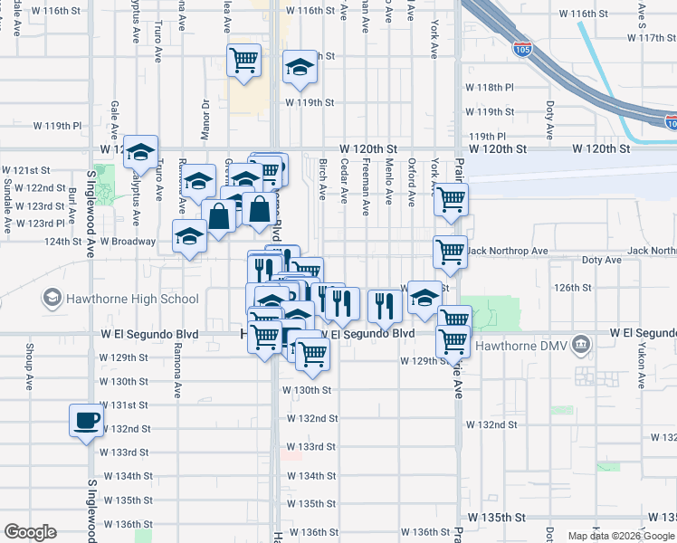 map of restaurants, bars, coffee shops, grocery stores, and more near 12515 Cedar Avenue in Hawthorne