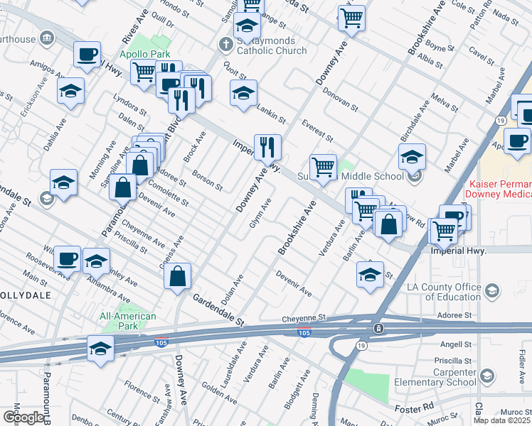 map of restaurants, bars, coffee shops, grocery stores, and more near 12722 Glynn Avenue in Downey