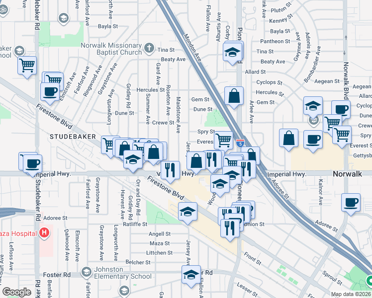 map of restaurants, bars, coffee shops, grocery stores, and more near in Norwalk