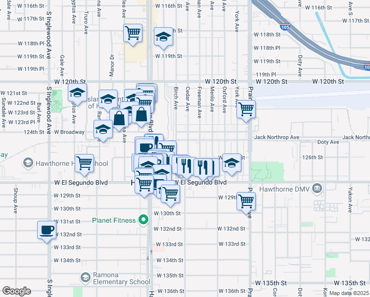 map of restaurants, bars, coffee shops, grocery stores, and more near 12515 Cedar Avenue in Hawthorne