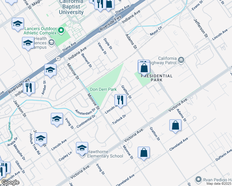 map of restaurants, bars, coffee shops, grocery stores, and more near 2970 Harrisburg Place in Riverside