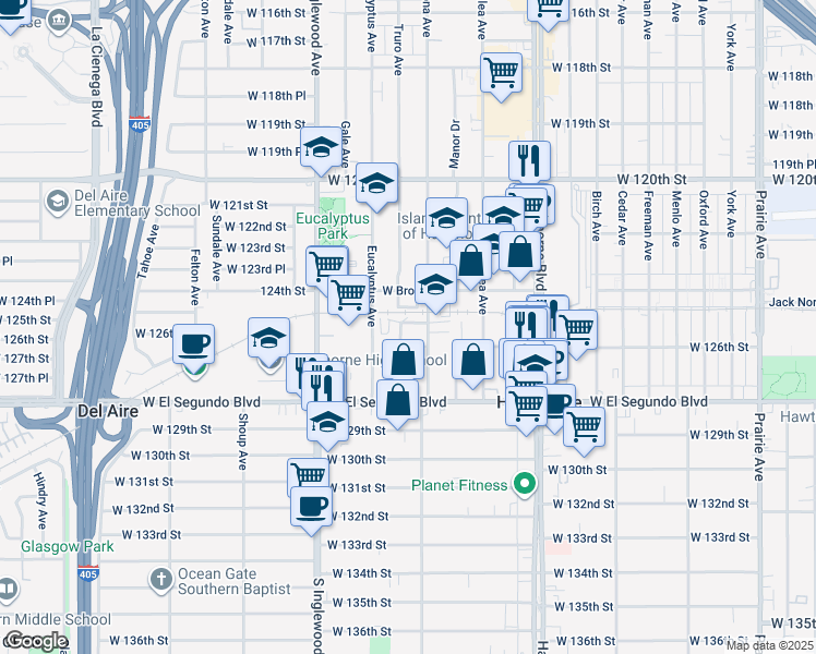map of restaurants, bars, coffee shops, grocery stores, and more near 12510 Truro Avenue in Hawthorne