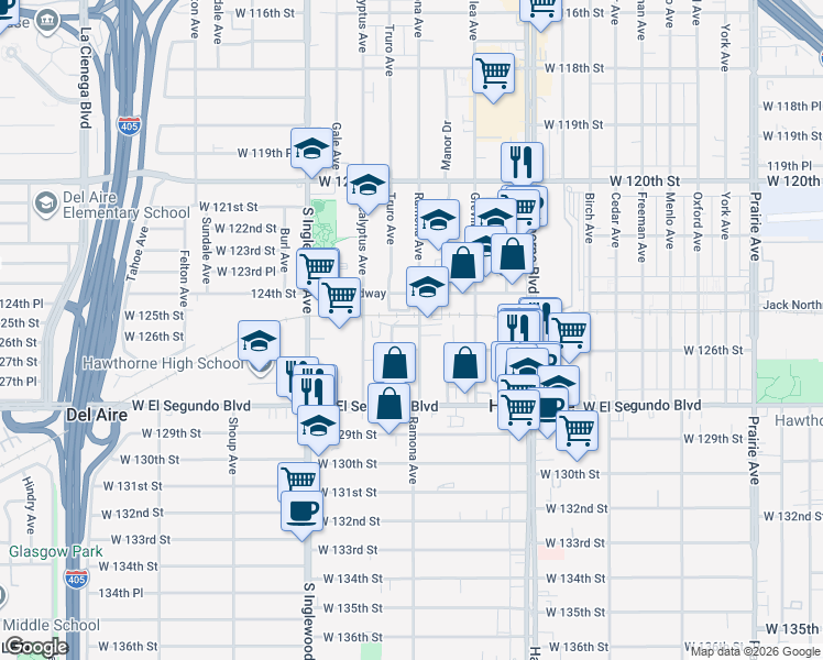map of restaurants, bars, coffee shops, grocery stores, and more near 12425 Ramona Avenue in Hawthorne